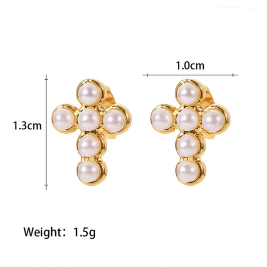 Graceful Cross Stud Earrings-Pearls
