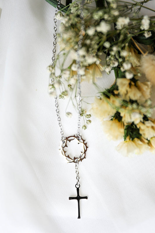 Crown of Thorns Cross Necklace-Silver
