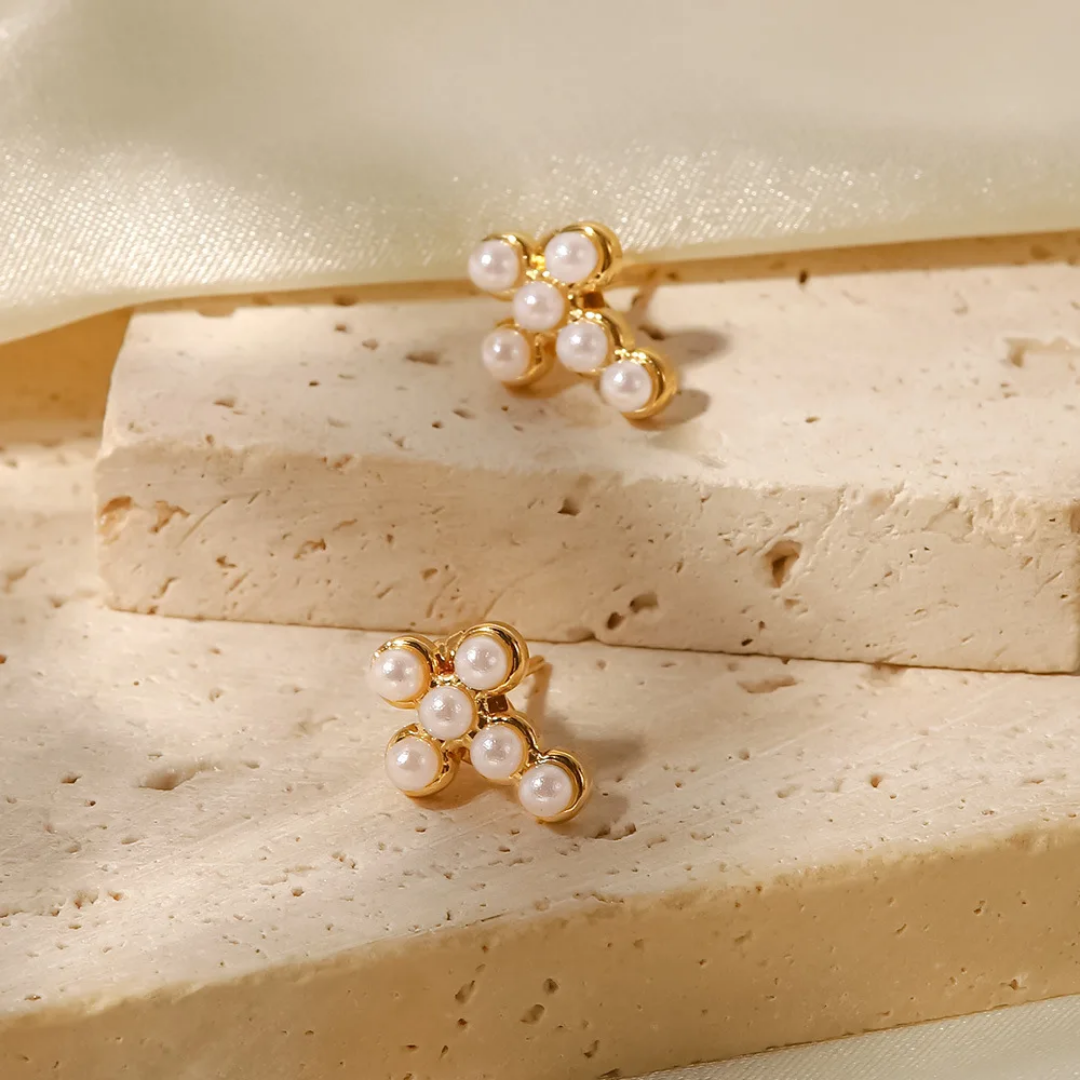 Graceful Cross Stud Earrings-Pearls
