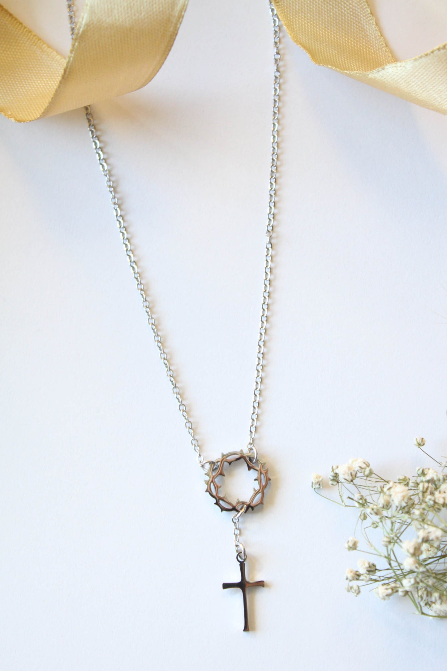 Crown of Thorns Cross Necklace-Silver