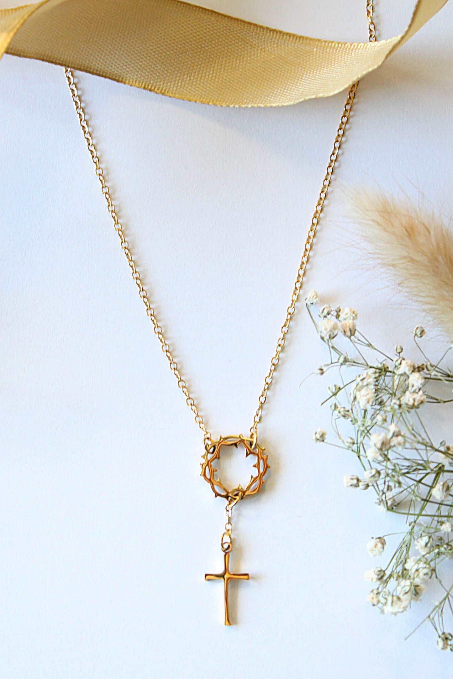 Crown of Thorns Cross Necklace – Gold